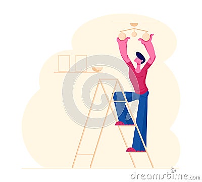 Young Man Housekeeper Standing on Ladder in Living Room Hanging Lamp on Ceiling Decorating Interior Design Vector Illustration