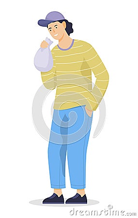 Young man huffing a bag with narcotic substances. Idea of drug addiction Vector Illustration