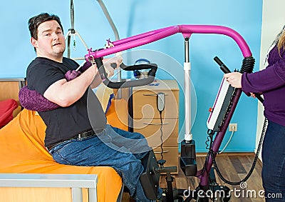 Young man with infantile cerebral palsy. Stock Photo