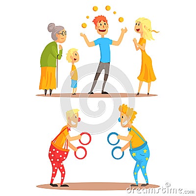 Young man juggling with oranges before his family. Clowns juggling with rings on a circus show. Circus or street actors Vector Illustration