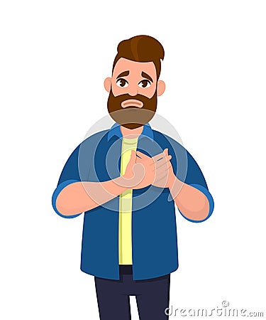 Young man keeping hands on chest. Man suffering from chest pain or heart attack. Vector Illustration