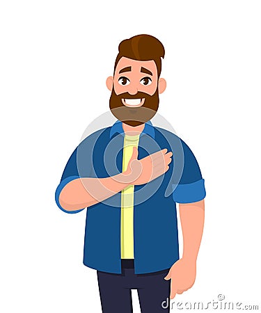 Young man keeping hands on chest. Smiling friendly bearded man expressing gratitude. Vector Illustration