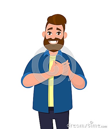 Young man keeping hands on chest. Smiling friendly bearded man expressing gratitude. Vector Illustration