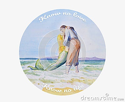 A young man kisses a mermaid by the sea. Love and separation. Cartoon Illustration