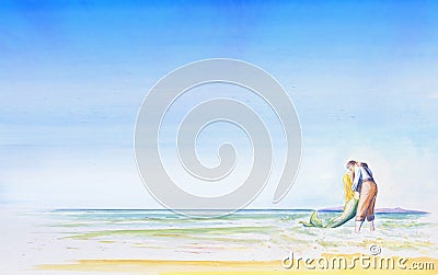 A young man kisses a mermaid by the sea. Romantic light background for your design. Inscription Vacation time. Cartoon Illustration