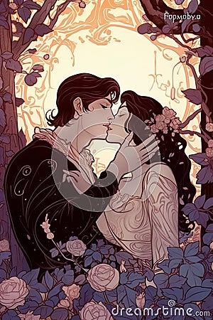A young man kissing a young woman fantasy image generative AI Stock Photo