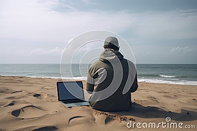 Young man with laptop computer on a beach. Freelance work concept Stock Photo