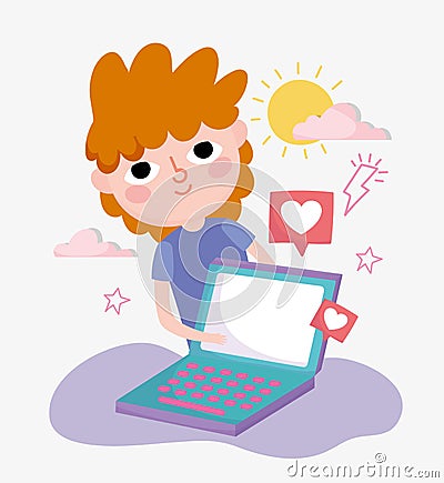 Young man with laptop love message social media Vector Illustration