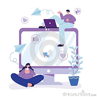 Young man with laptop and woman with smartphone chatting Vector Illustration