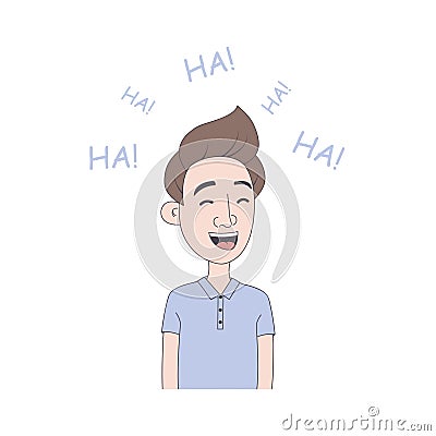 Young man laughs. Hand drawn illustration of boy with laughter emotion in cartoon style. Vector Illustration