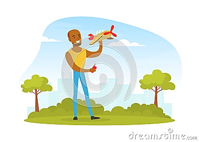 Young Man Launching Radio Controlled Airplane, Creative Handicraft Hobby Cartoon Vector Illustration Stock Photo