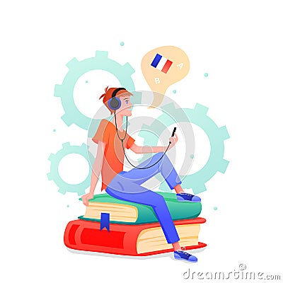 Young man learns foreign language in online course or school vector illustration. Cartoon teen student characters in Vector Illustration