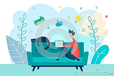 A young man learns while sitting on a sofa with a laptop, doing work online Vector Illustration