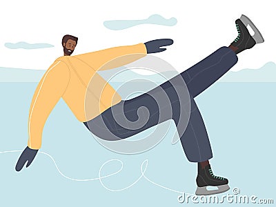 Young man man learns to skate. Man wearing sport clothes and skates falling on ice. Guy slipped on the ice. Active Vector Illustration