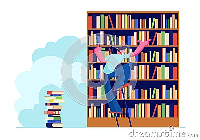 Young Man in Library Searching Books on Shelves Standing on Ladder. Student Prepare for Exam, Bookworm, Spend Time Vector Illustration