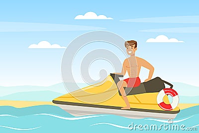 Young Man Lifeguard on Water Scooter Supervising Safety Vector Illustration Vector Illustration