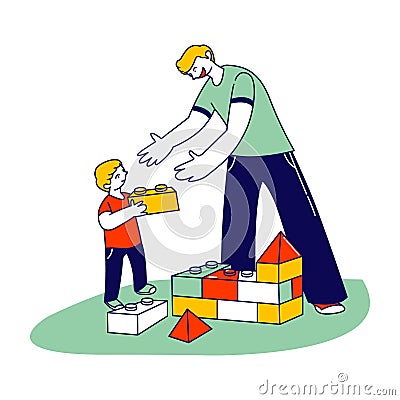 Young Man and Little Boy with Autism Syndrome Building Tower of Constructor Blocks. Father with Son or Teacher Vector Illustration