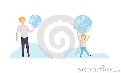 Young Man and Little Boy with Globe Planning Travel Vector Set Vector Illustration