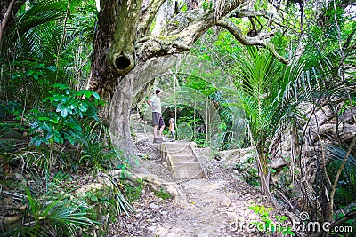 Young man with little daughter on hiking trail, Mount Manaia. Stock Photo