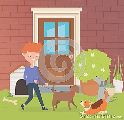 Young man with little dogs mascots in the house garden Vector Illustration