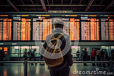 Young Man Looking at Arrival and Departure Information Display Looking for His Flight.AI generated Stock Photo