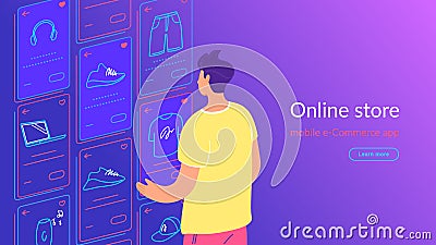 Young man looking at ecommerce favorite items cards, doing shopping, enjoying online services and networks Vector Illustration