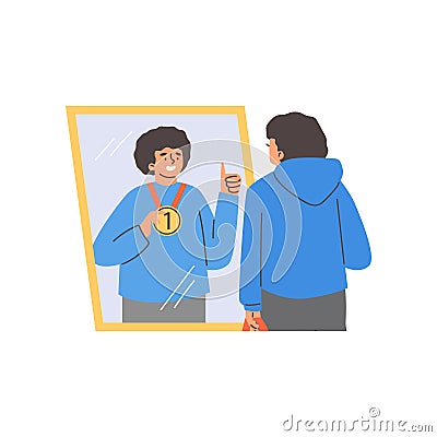 Young man looking in the mirror, in reflection the best sportsman with first place medal, Believe in yourself vector Vector Illustration