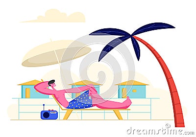 Young Man Lounging and Listening Radio Music on Chaise Lounge under Sun Umbrella and Palm Tree on Sea Beach at Summer Time Vector Illustration