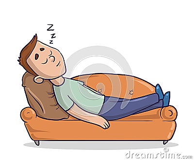 Young man lying on a sandy-colored couch takes a nap. Guy sleeping on a sofa. Cartoon character vector illustration Vector Illustration