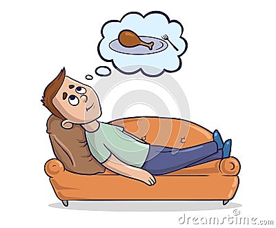 Young man lying on a sandy-colored couch thinks about the food. Hungry guy dreams about piece of chicken. Cartoon Vector Illustration