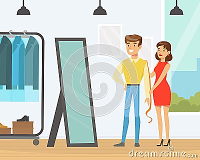 Young Man Making Clothes at Tailor, Woman Dressmaker Measuring Man with Tape for Suit Sewing Cartoon Vector Illustration Vector Illustration