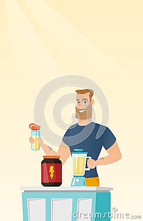 Young man making protein cocktail. Vector Illustration