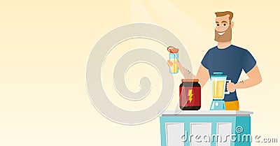 Young man making protein cocktail. Vector Illustration