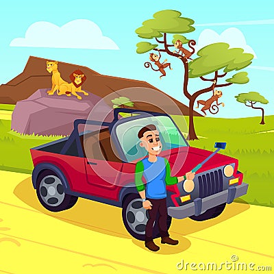 Young Man, Making Selfie, Being on African Safari Vector Illustration
