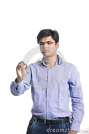 Young man with marker pen and writing Stock Photo