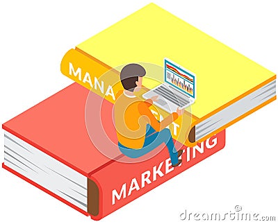 Young man marketer sitting on stack of large books and using laptop computer studying in internet Vector Illustration