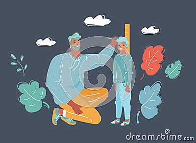 Young man measuring his son`s height Vector Illustration