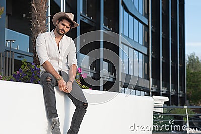 Young man model outdoor against city Stock Photo