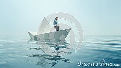 Young man navigate on paper boat Cartoon Illustration