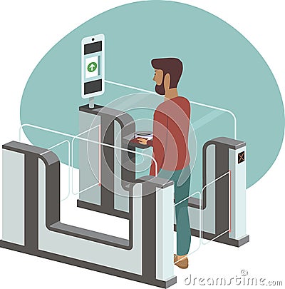 Young man passing through automated passport border control gates Vector Illustration