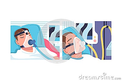 Young Man Patient in Hospital Lying on Bed with Mask Having Artificial Lung Ventilation Being in Critical Condition Vector Illustration