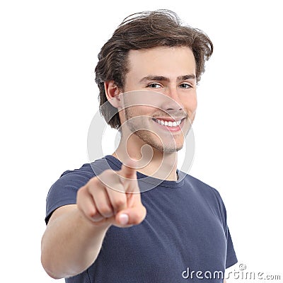 Young man with a perfect white smile pointing at camera Stock Photo