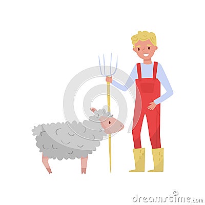 Young man with pitchfork standing next to sheep, male farmer taking care of animal on farm vector Illustration on a Vector Illustration