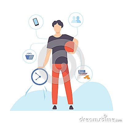 Young Man Planning and Managing His Personal Timetable, Organization and Control of Working Time, Efficient Time Vector Illustration