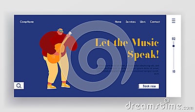 Young Man Playing Acoustic Guitar Website Landing Page. Musician Character Guitarist Music Player Performing on Street Vector Illustration