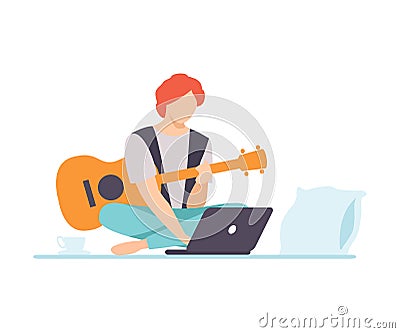 Young Man Playing Guitar, Guy Learning Guitar Through Internet Course Using Laptop Comuter, Online Education, Hobby Vector Illustration