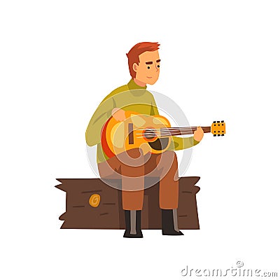 Young man playing guitar, hiking adventure travel, camping and relaxing concept, summer vacation vector Illustration Vector Illustration