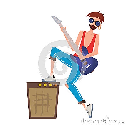 A young man playing the guitar. Rock musician. Vector illustration, on white background. Vector Illustration