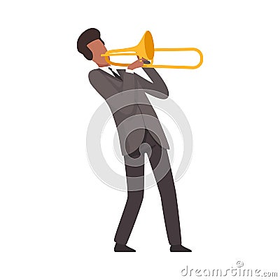 Young Man Playing Trombone Male Jazz Musician Character in Elegant Suit with Musical Instrument Vector Illustration Vector Illustration