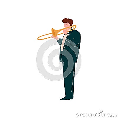 Young man Playing Trumpet, male Musician Trumpeter Player with Classical Musical Instrument Vector Illustration Vector Illustration